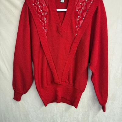 Vintage 80s Eric Steven Red Embellished V-Neck Sweater Shawl Yoke Women s M