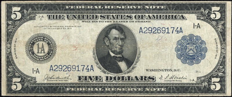 1914 $5 Five Dollar Boston Federal Reserve Note FRN Fr#846