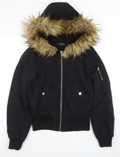 Miss Selfridge Women's Black Faux Fur Hooded Bomber Jacket UK 8