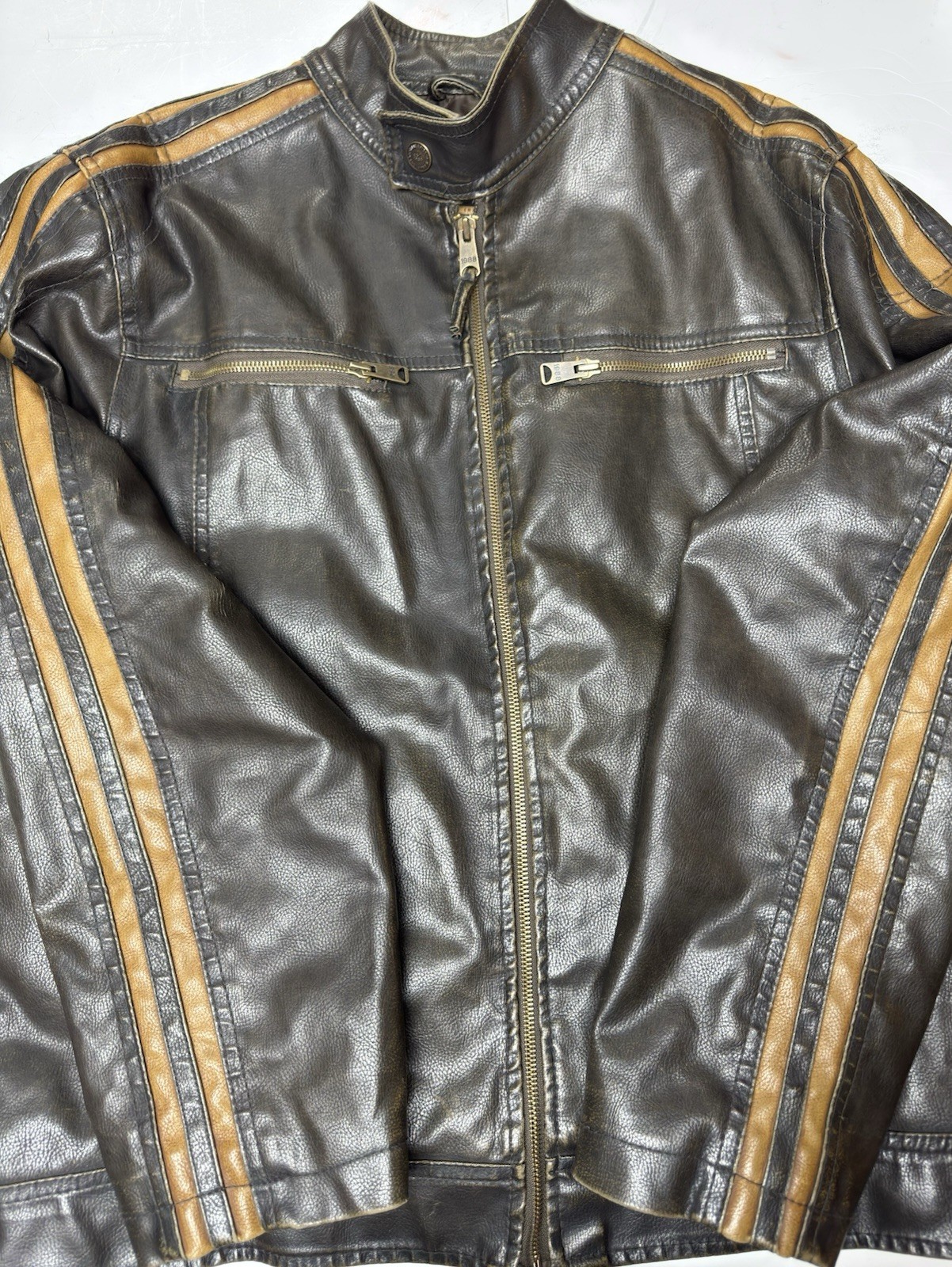Arizona Jean Company Brown Faux Leather Moto Jacket Racing Stripe Biker Mens L