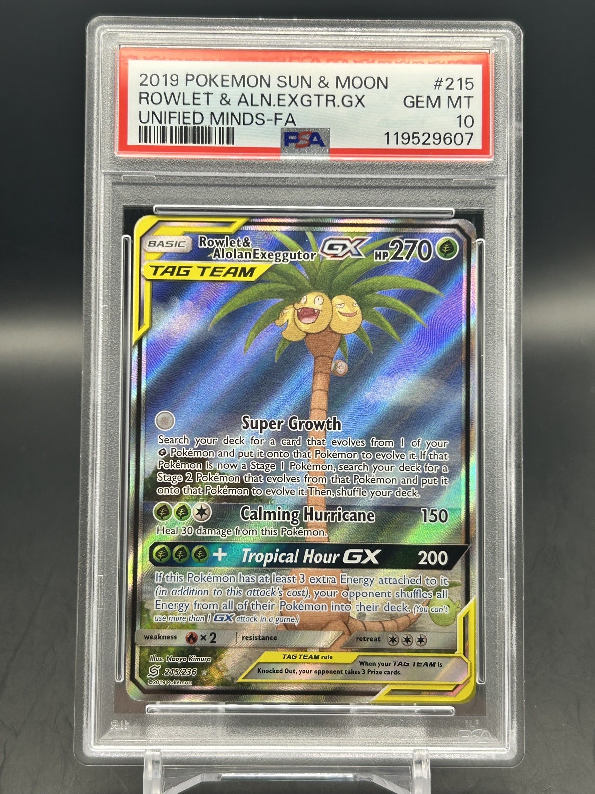 2019 Pokemon Rowlet & Alolan Exeggutor GX Full Art Unified Minds #215 PSA 10
