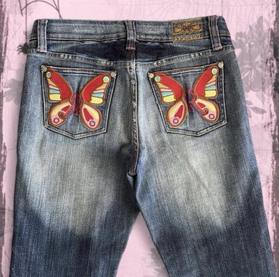 Rare Y2K Vintage Distressed Patchwork Denim Low Rise Jeans w/ Butterfly Patches