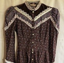 Vintage 1970s Gunne Sax Jessica Cottage Core Dress 9 Flower Prairie Brown Lace