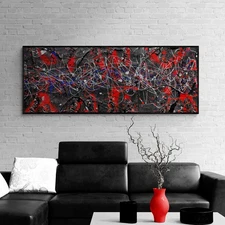 XXL Panoramic Jackson Pollock Style Red & Black Canvas – 118×39 in
