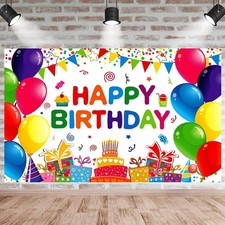 Happy Birthday Backdrop Banner- Colorful Birthday Decorations Sign Poster for...