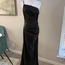 Faeriesty Black Satin Evening Gown – One Shoulder Maxi Dress - Size L