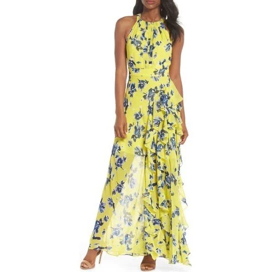 chinese dress ladies Eliza J Women's Striped Fit and Flare Halter Dress, Yellow, 2 at Amazon  Women's Clothing store