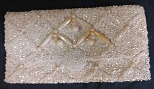 Vintage Beaded Sequined Clutch Purse Handmade Cream Ivory Iridescent READ