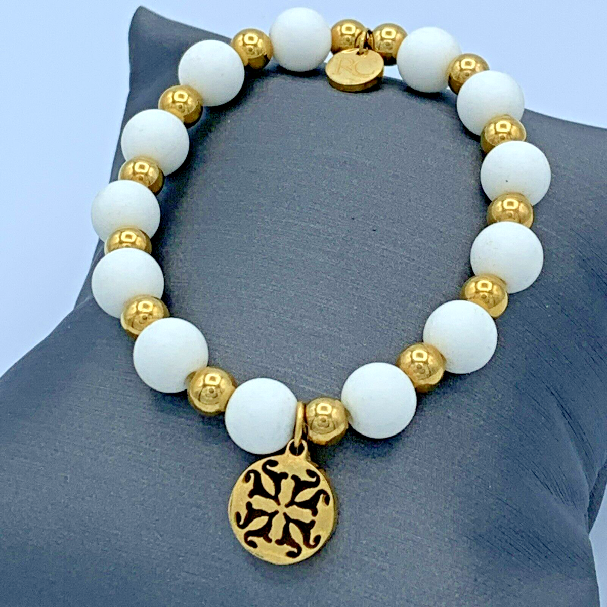 Rustic Cuff Gold Tone White Rubber Beaded Stretch Bracelet B1-94