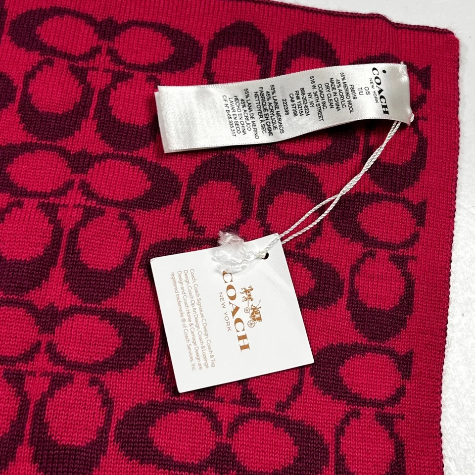 COACH Signature C Knit Scarf Reversible Fuchsia Merino Wool 10.5 x 72 New NWT - Image 3 of 4
