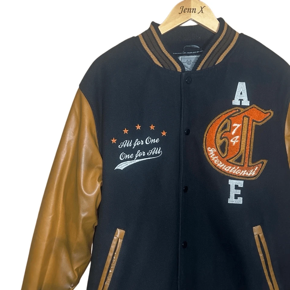 Springfield Black Brown Long Sleeve Varsity Jacket Size L Wool Leather Trim - Image 2 of 4