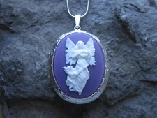 GUARDIAN ANGEL ON PURPLE CAMEO SILVER PLATED LOCKET - RELIGIOUS - EASTER - XMAS 