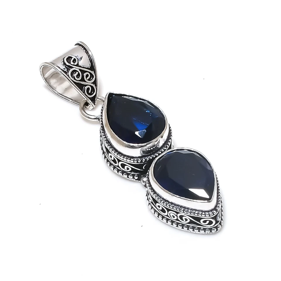 Zaffiro Blu Gemma a Mano 925 Pendente Argento Sterling Per Anniversario Regalo - Immagine 4 di 4