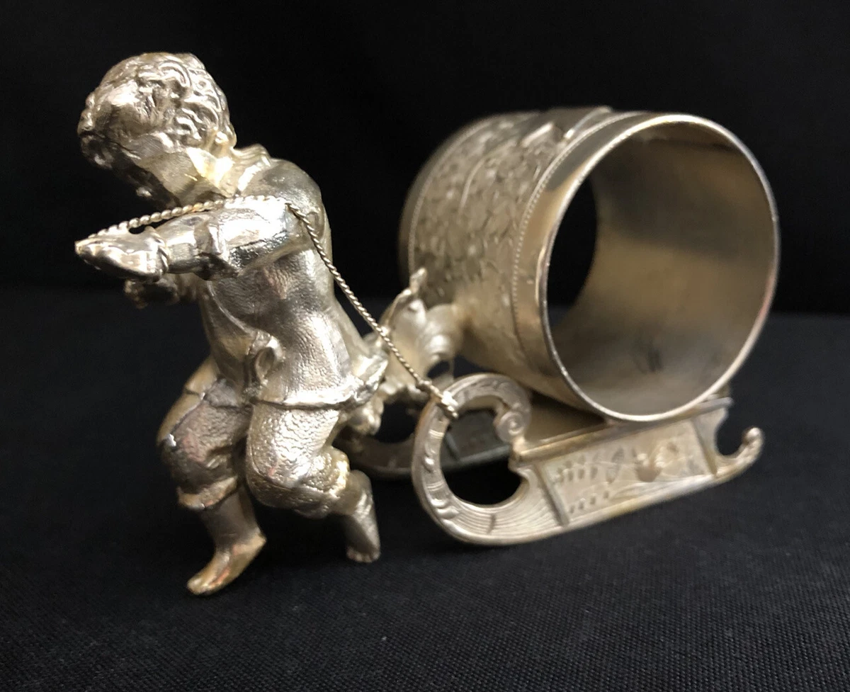 ANTIQUE WILCOX 01576 SILVER PLATE BOY PULLING SLED NAPKIN RING HOLDER NO MONO