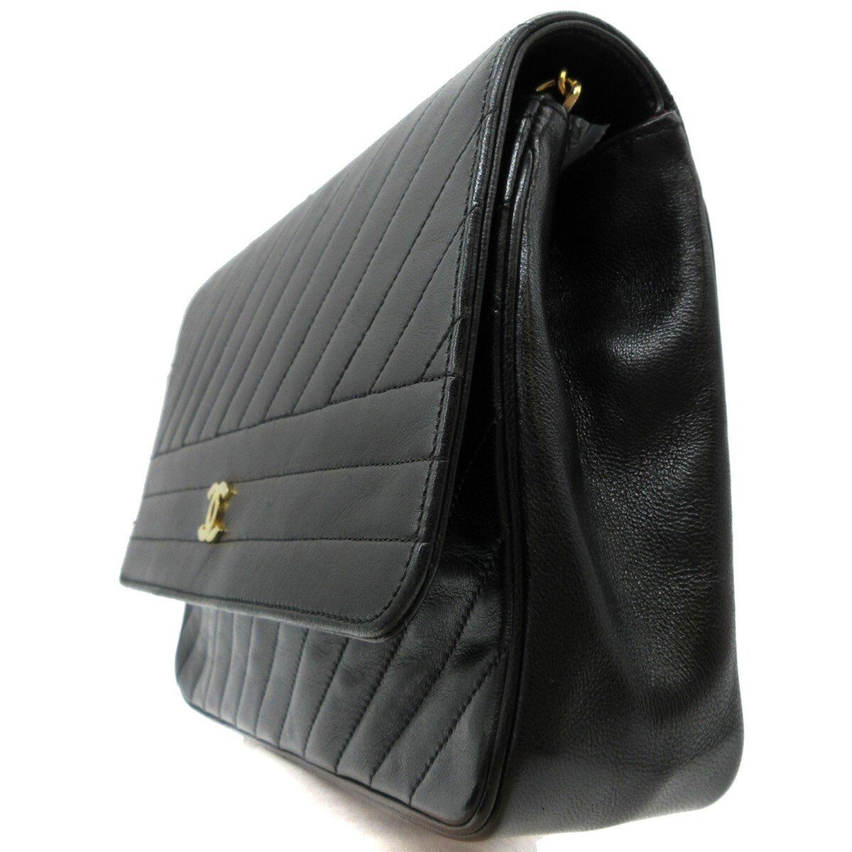 CHANEL CC Bias Stitch Chain Shoulder Bag Leather Black GHW