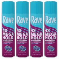 4 Pack Rave 4X Mega Aerosol Hairspray Now With Climashield Unscented 11 Oz Each