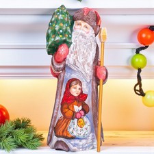 Hand Carved Santa Claus with Tree and Girl Scene  Large Wooden Christmas Decor