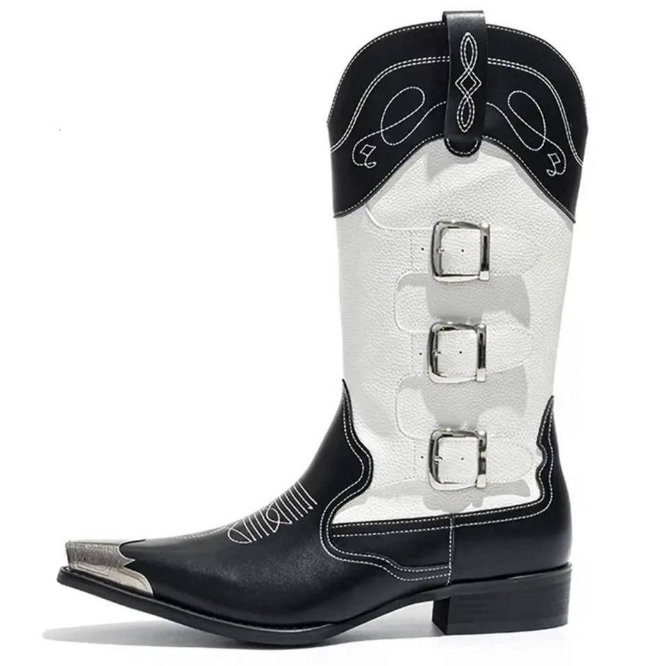 Botas vaqueras de cuero blancas y negras para hombre | Bordadas occidentales con correas talla 11 Foto 2 de 4