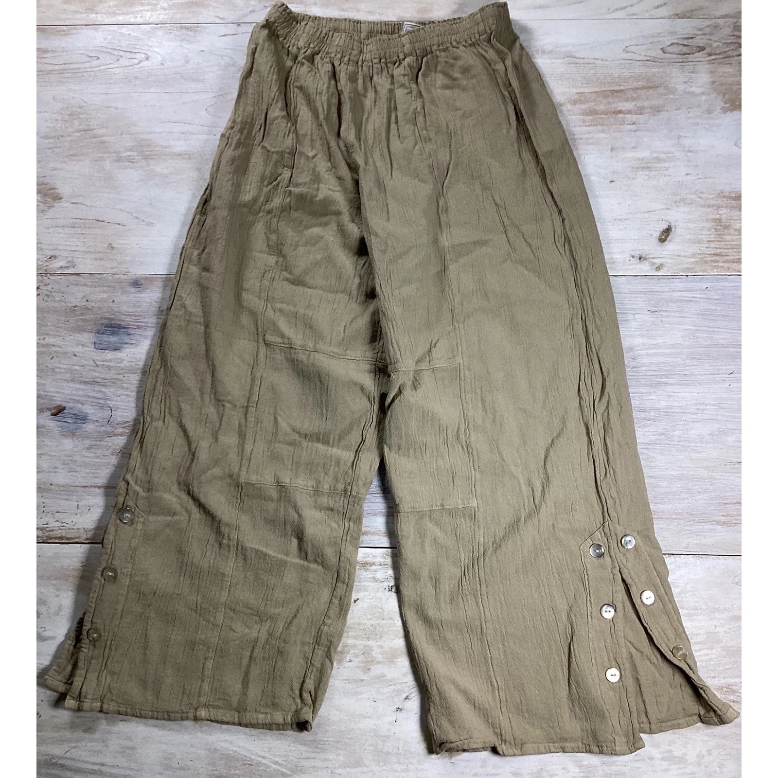 CottonWays Tan Gauze Wide Leg Pants Women Size 1 Elastic Waist Button Hem Khaki