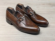 Brown Horsebit Loafers Calf Leather Men Silver Buckle Handmade Dress Shoe Slipon