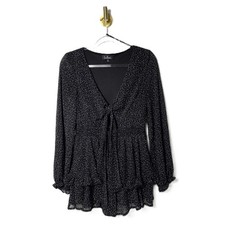 LULUS Black Floral Print Twist-Front Tiered Mini Dress M