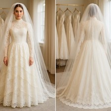 Vintage 60's 70's Victorian Lace Prairie Cottage Wedding Gown Dress High Neck