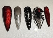 HandPainted Halloween 3D Blk Spider Goth Stilleto Cat Eye Press On Nails 10Pc