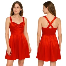 Paper Crown Dress XS Red Fit N Flare Sweetheart Crossback Satin Retro Modern