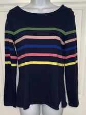 Boden Sz 8 Ella L/S Navy Blue Green Pink Breton Stripe 100% Cotton Tee EUC