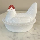 Westmoreland Hen on Nest Lidded Dish Vintage Split Tail Milk Glass Red Comb Eye