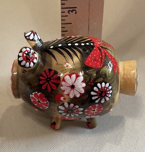 Wood Lacquer Folk Art Piggy Pig Salt Or Pepper Shaker Floral Colorful - Picture 7 of 8