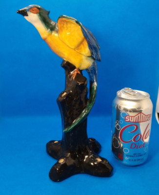 10.5'' colorful Crested Bird on Stump 7 hole Flower Frog -Made in Japan