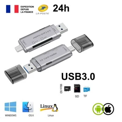 Lecteur cartes 5 en 1 Multifonction Usb 3.0 Type C Usb Micro Usb couleur gris - Photo 1/3