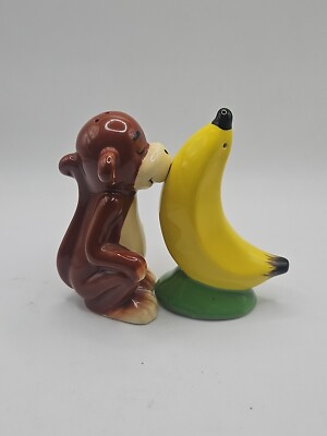 Rainforest Ape Monkey Yellow Banana Salt & Pepper Shakers Magnet Ceramic Set 
