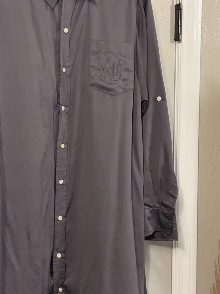 Camisa de dormir Ralph Lauren, gris satinado, XLarge, larga abotonada, manga convertible Foto 3 de 4