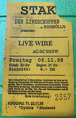 TICKET EINTRITTSKARTE LIVE WIRE AC-DC SHOW 06.11.1998 VERY RARE