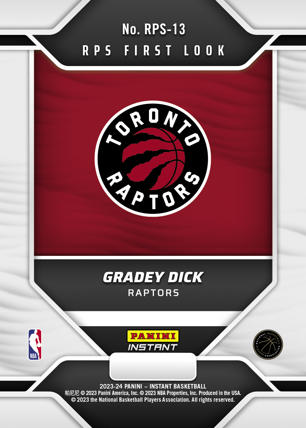 202324 Panini Instant Gradey Dick Rookie RPS FIRST LOOK SP Raptors 