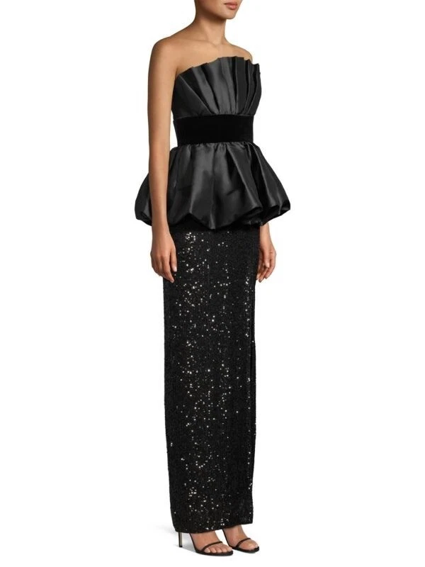 Vestido Jay Godfrey Talla 8 Julian Burbuja Peplum y Lentejuelas Sin Tirantes Tafetán NEGRO Foto 2 de 3