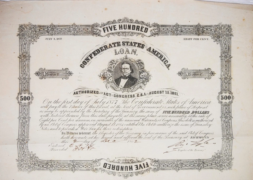 1862 CONFEDERATE STATES OF AMERICA $500 LOAN BOND & COUPONS Read P346 - Image 2 of 4