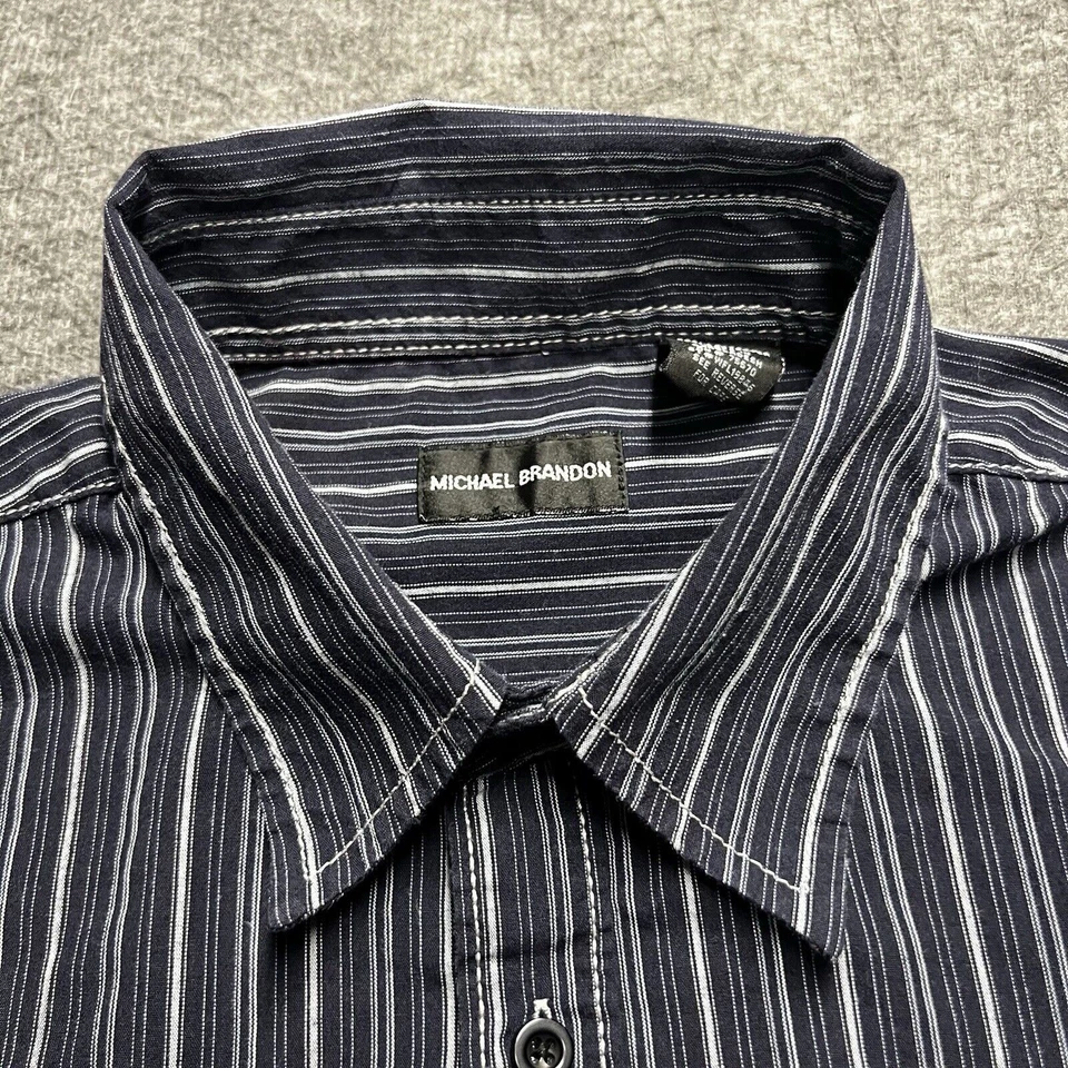 Camisa Michael Brandon Manga Larga Para Hombre Grande Azul Marino Rayas Botón Manga Enrollable Foto 2 de 4
