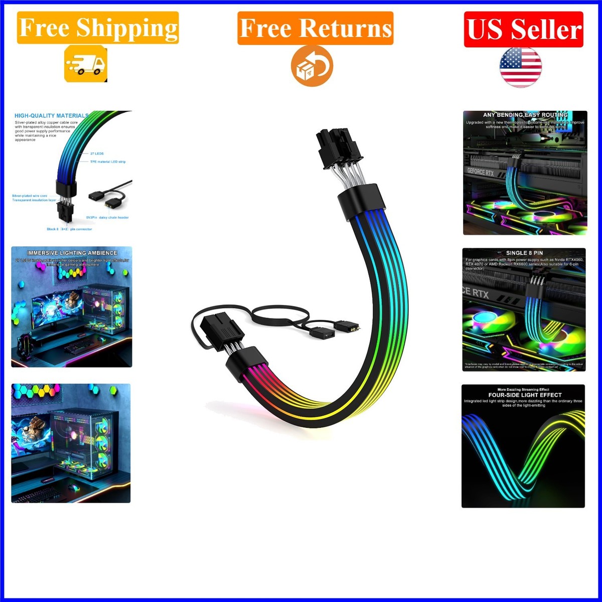 RGB 8 Pin PCIe GPU Extension Cable for RTX 3060-4070, Radeon RX