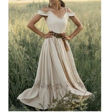 Joyfolie Coral Off-Shoulder Maxi Dress Taupe Ecru XS NWT Boho Peasant Festival