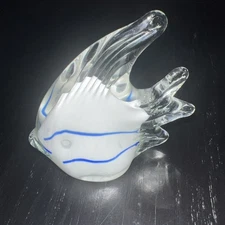 VTG ART GLASS Fish Sculpture Figurine Paperweight Decor Blue With White Stipes