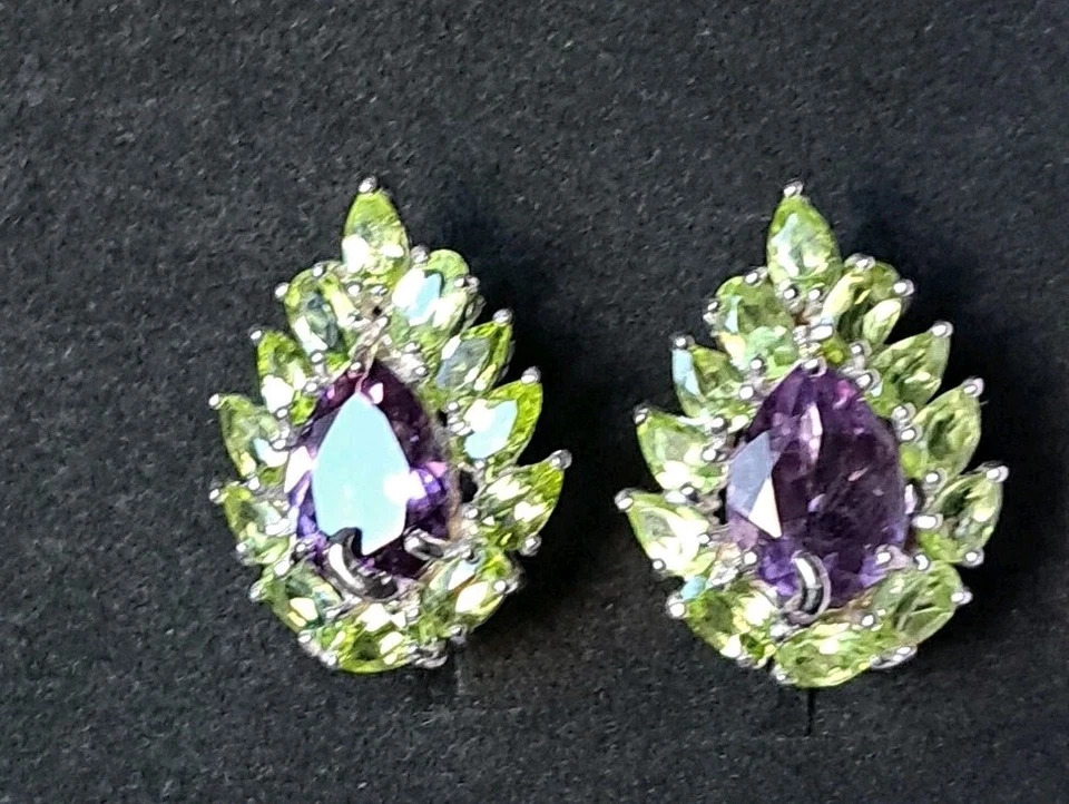 925Silber OHRRINGE Stecker Echte Edelsteine Peridot und Amethyst 14kweißVerg... - Bild 3 von 4
