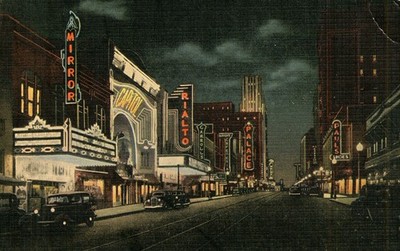Dallas, Texas, Theatre Row at Night, Elm Street Linen Postcard Vintage c1938  N