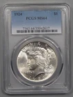 BU 1924 Silver PEACE Dollar.  PCGS MS64.  White!