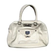 BRIGHTON MY FLAT IN LONDON Ivory Leather "Broker" Pink Logo Lined Top Handle Bag