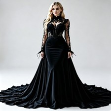 Black Gothic Mermaid Evening Dresses Long Sleeve Sheer Lace High Neck Prom Gowns