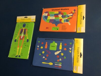Educational aids: foam puzzles of USA map, human skeleton, kitchen measurements 