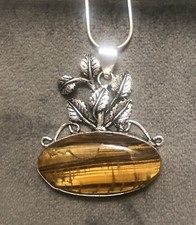 Leaf Design Tiger Eye Gemstone Pendant On Silver Snake Chain Necklace